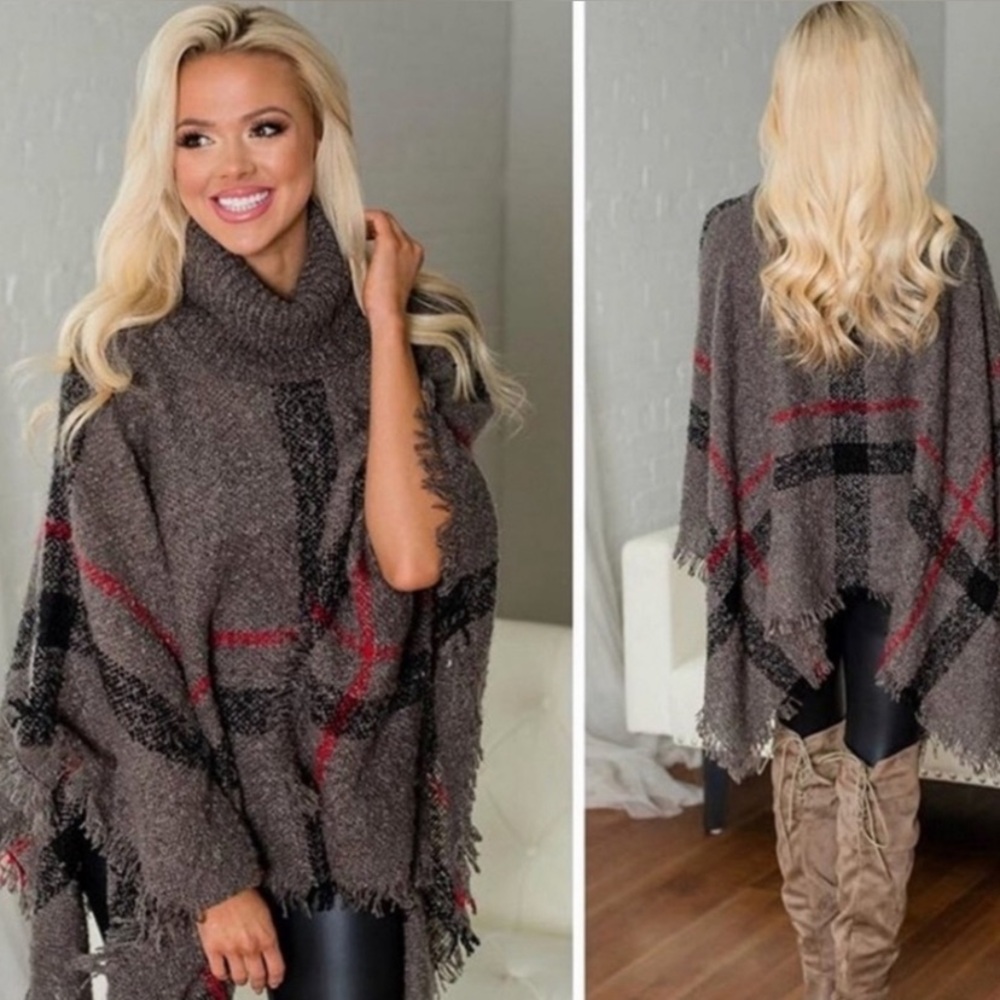 Heavyweight Gray Plaid Turtleneck Ponchos - Picture 4 of 4